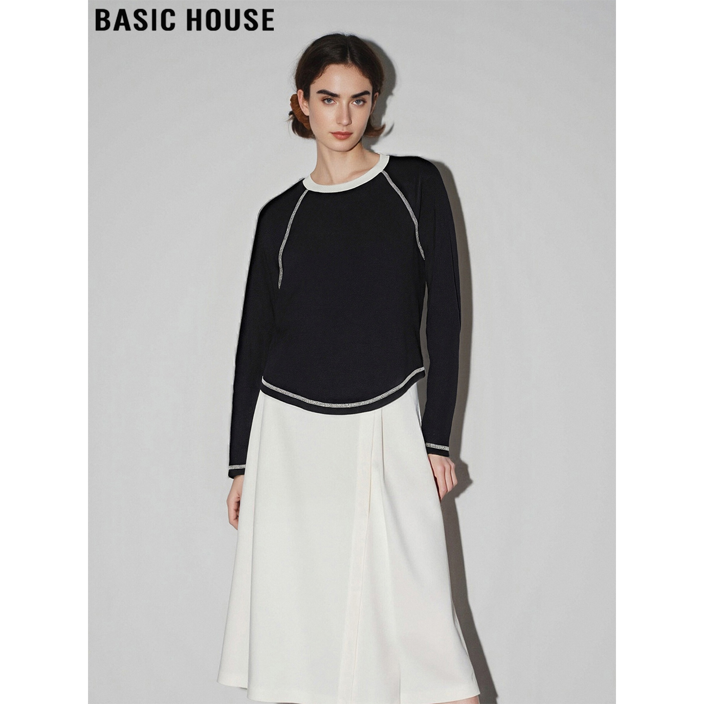 百家好撞色插件长袖T恤打底衫女