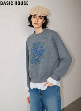 Basic House/百家好蕾丝拼接灰色圆领卫衣女2025秋冬新款印花上衣