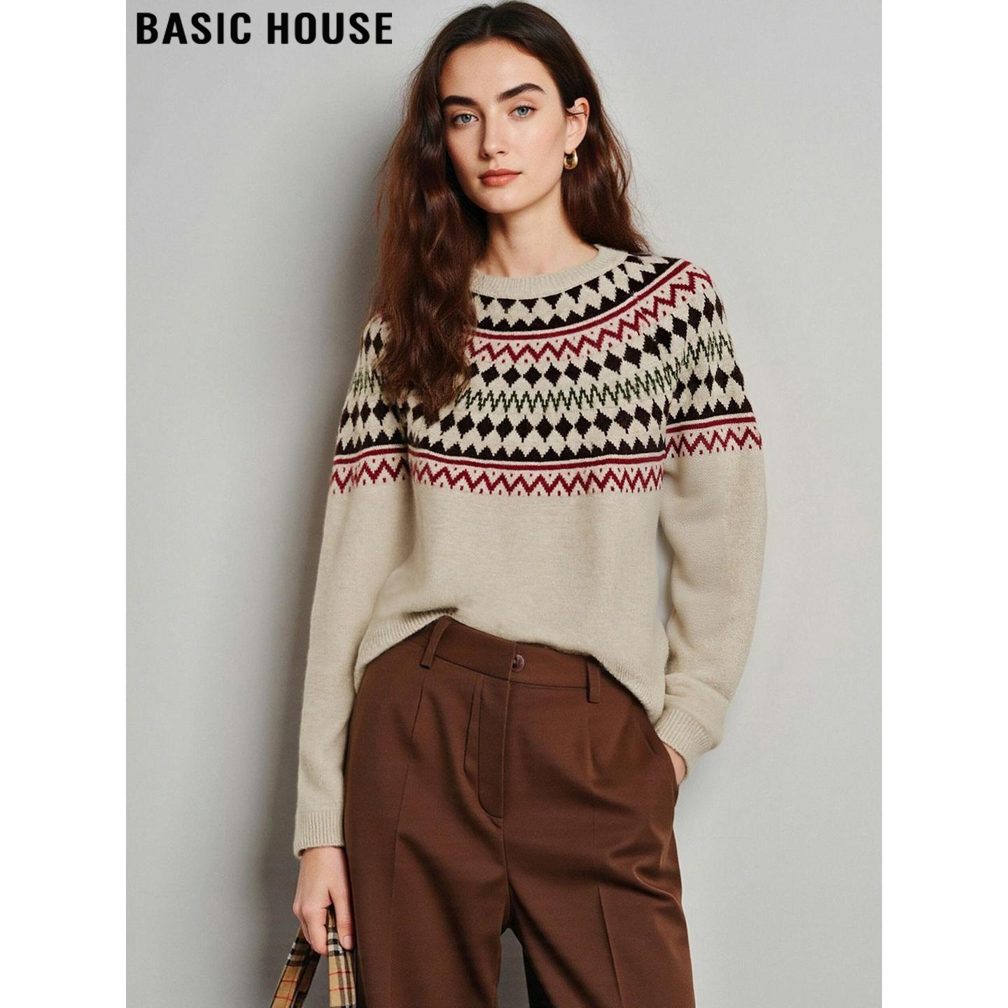 百家好费尔岛提花圆领慵懒毛衣女