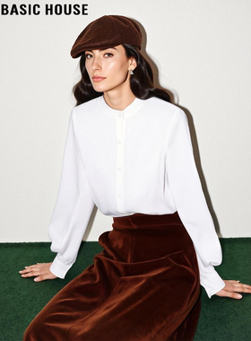 Basic House/百家好白色立领长袖衬衫女士2026春季新款灯笼袖衬衣