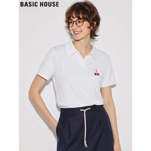 通勤风正肩短袖 百家好白色翻领樱桃印花T恤女士夏季 House Basic