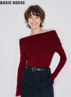 Basic House/百家好高级红色一字肩羊毛针织打底衫女秋冬露肩上衣