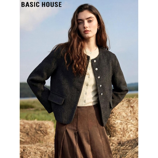 Basic House/百家好黑色圆领毛呢外套女冬季小个子短款羊毛呢大衣