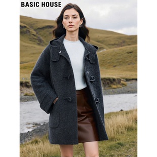 Basic House/百家好暗灰色连帽毛呢外套女士冬季小个子双面呢大衣