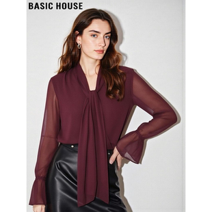 Basic House/百家好系带雪纺套头衬衫女2026春季新款长袖蕾丝衬衣