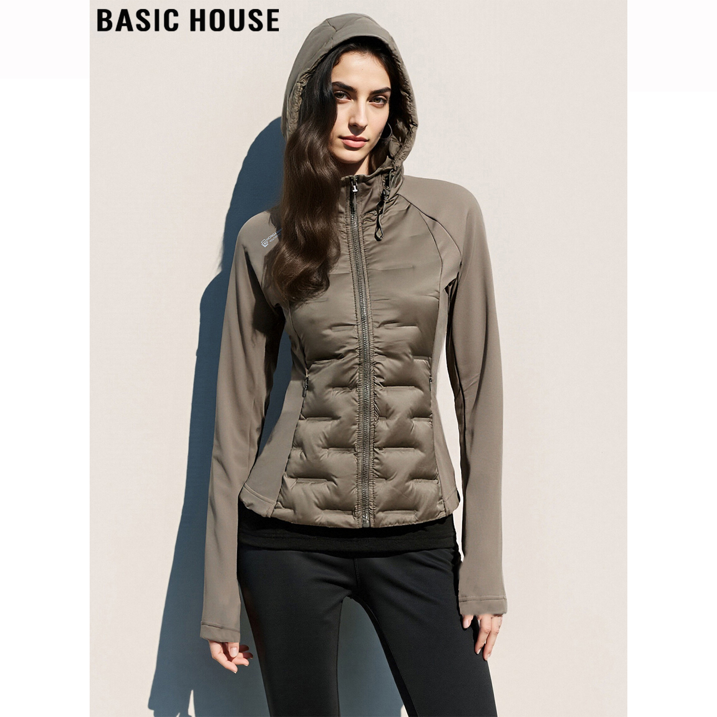 百家好卡其绿90%鹅绒连帽羽绒服