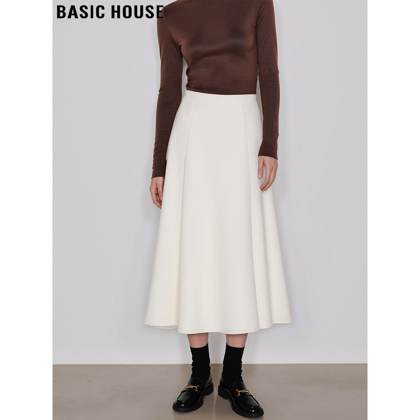 Basic House/百家好白色西装半身裙女士2026春季新款中长款A字裙