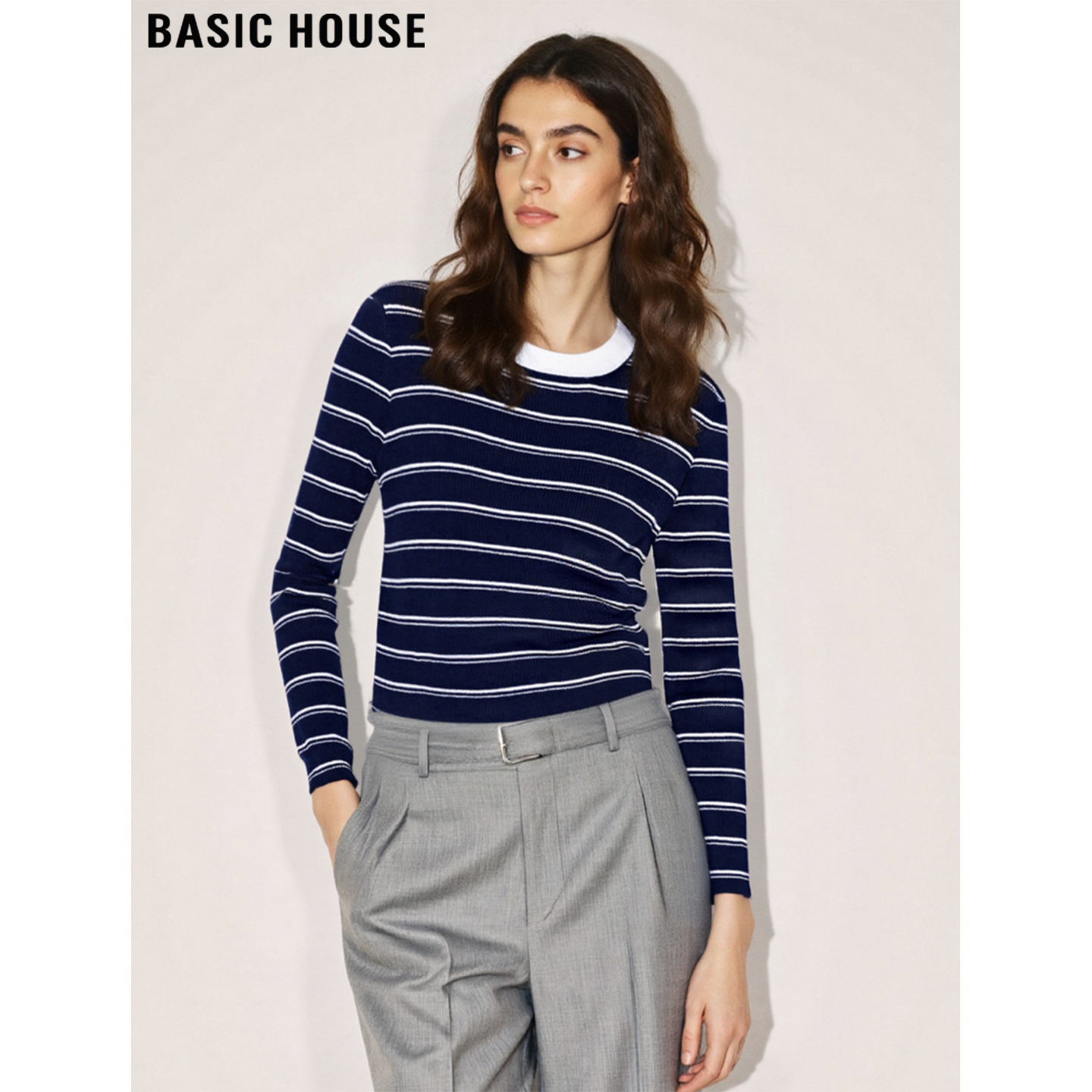 百家好撞色条纹圆领针织打底衫女