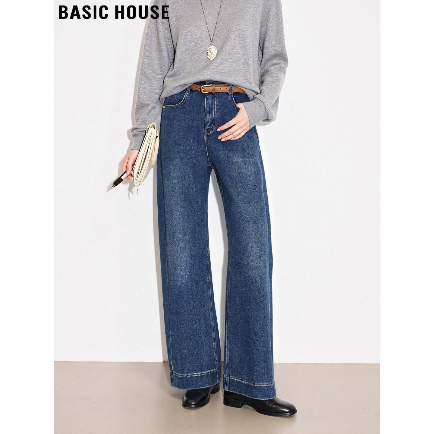 百家好复古蓝色直筒牛仔裤女