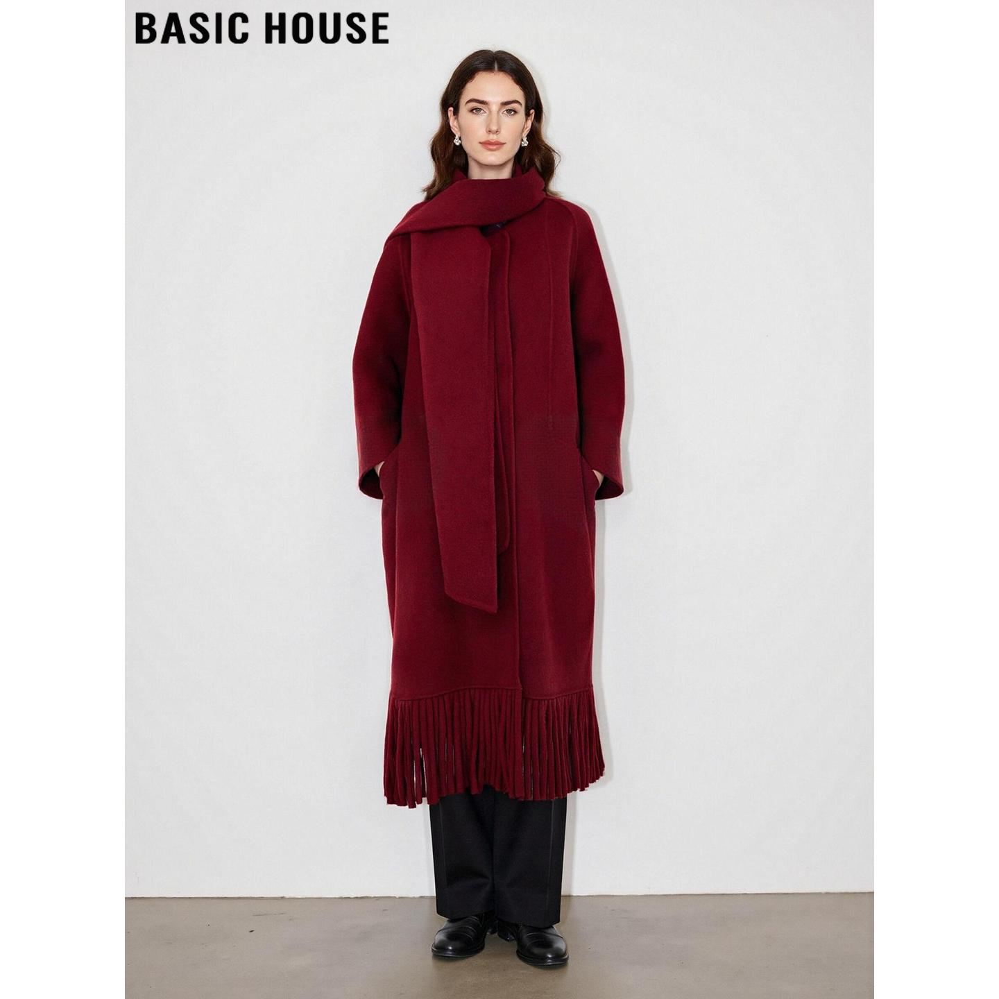 百家好中长款红色流苏羊毛大衣女