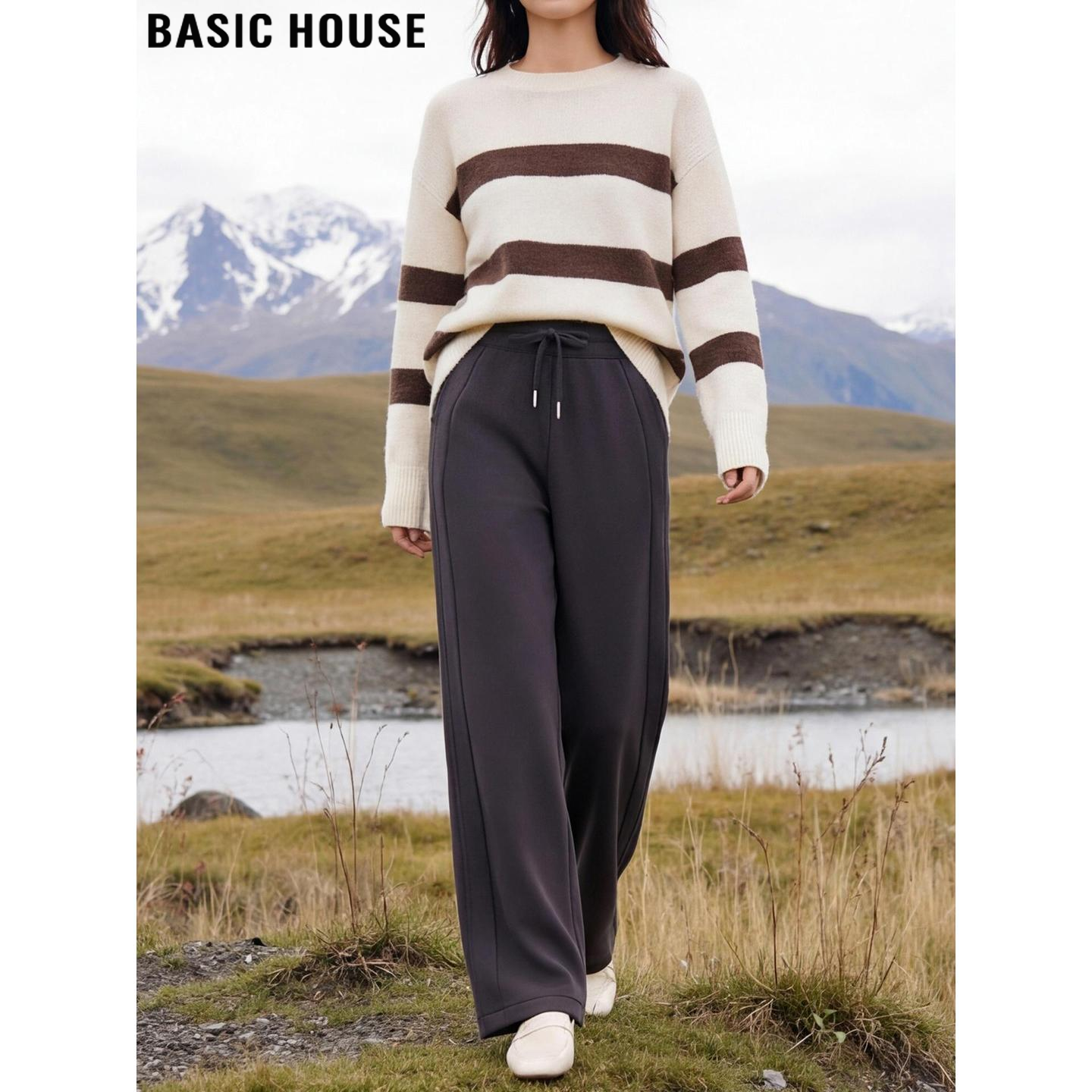 Basic House/百家好灰色抽绳高腰直筒卫裤女士春季宽松阔腿运动裤