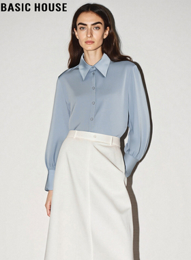 Basic House/百家好淡人高知穿搭蓝色衬衫女2026春季新款缎面衬衣