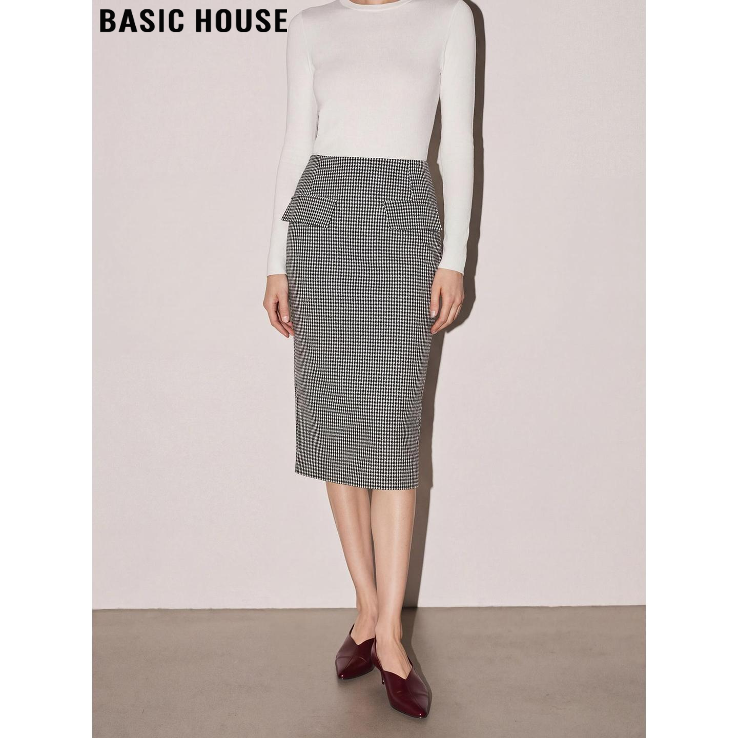 Basic House/百家好千鸟格羊毛半身裙女士2026春季新款包臀一步裙
