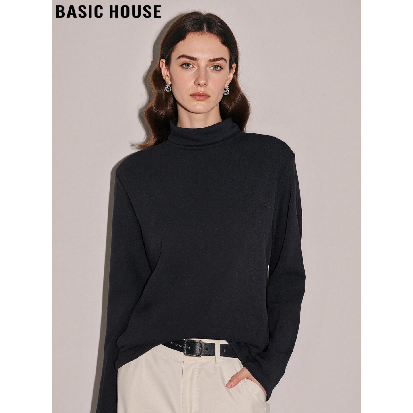 Basic House/百家好高级感黑色半高领德绒打底衫女秋冬中长款T恤