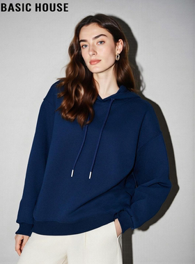 Basic House/百家好慵懒风蓝色连帽卫衣女冬季百搭基础款内搭上衣