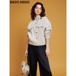 Basic House/百家好美式立领短款工装外套女2026春季新款夹克上衣