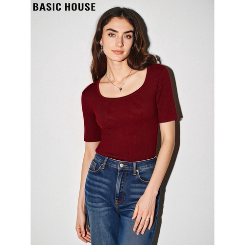 百家好酒红色U领针织短袖T恤女
