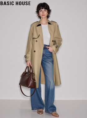 Basic House/百家好卡其色风衣外套女2026春季新款中长款工装上衣