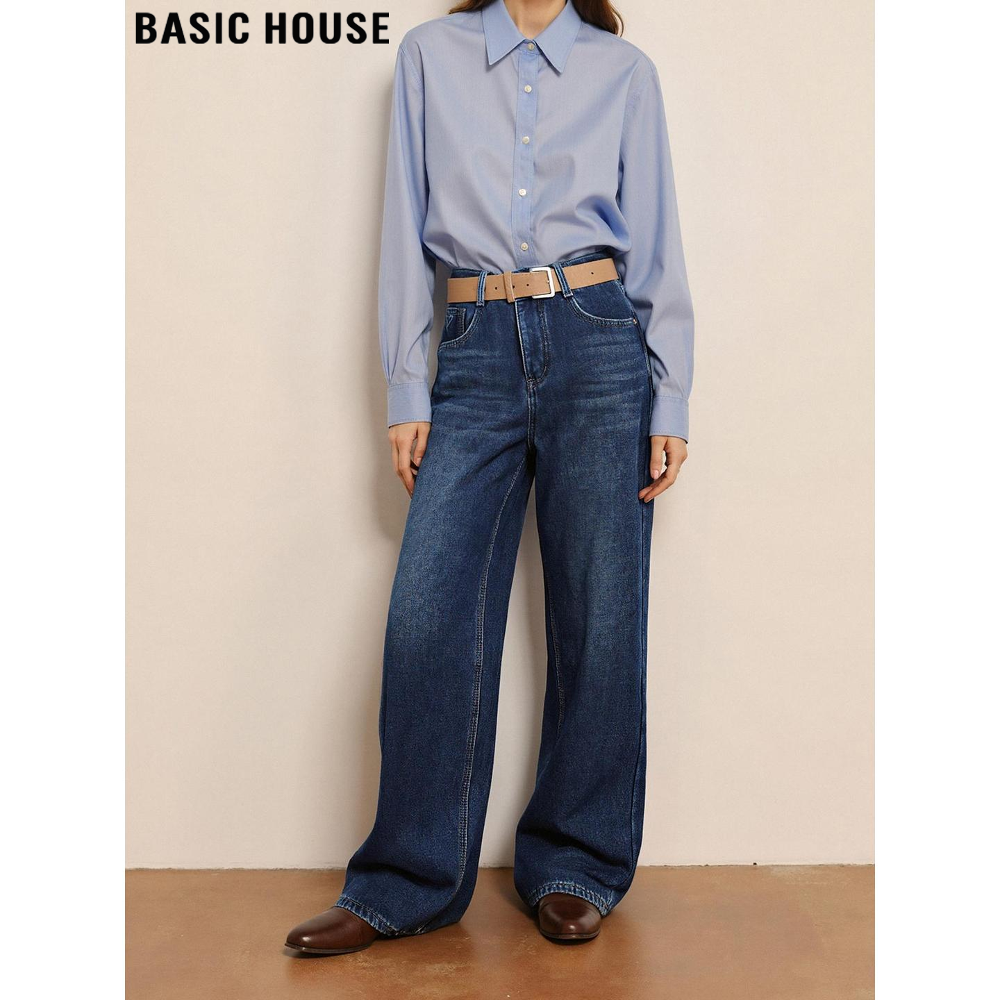 Basic House/百家好复古蓝阔腿牛仔裤女士2026春季新款宽松直筒裤