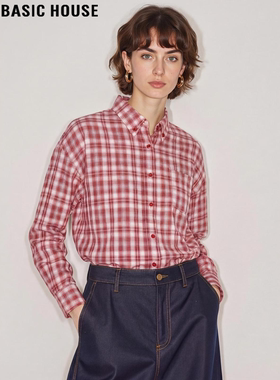 Basic House/百家好红色格纹翻领衬衫女2026春季新款叠穿长袖衬衣