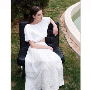 新款 百家好白色蕾丝拼接半身裙女2026春季 高腰中长裙 House Basic