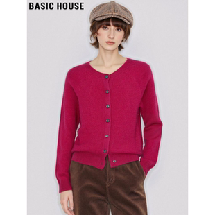 Basic House/百家好红色羊毛针织衫女士2026春季新款软糯圆领毛衣