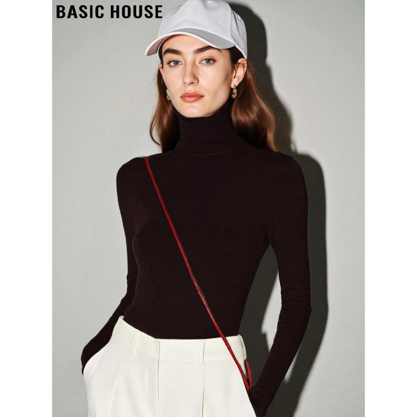 Basic House/百家好黑色高领针织打底衫女士春季百搭修身内搭上衣