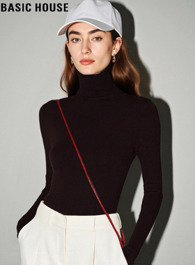 Basic House/百家好黑色高领针织打底衫女士冬季百搭修身内搭上衣