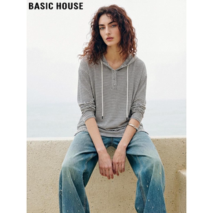 T恤女夏季 百家好条纹连帽长袖 宽松休闲百搭亚麻上衣 House Basic