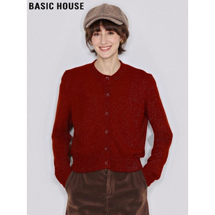 Basic House/百家好红色亮丝羊毛针织衫女冬季高级感软糯圆领毛衣