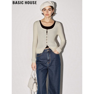 Basic House/百家好假两件圆领针织开衫女2026春季新款修身打底衫