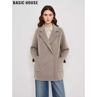 Basic House/百家好V领毛呢西装外套女士冬季加厚中长款呢子大衣