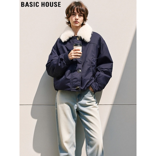 Basic House/百家好藏蓝色90白鸭绒羽绒服女冬季毛毛翻领短款外套