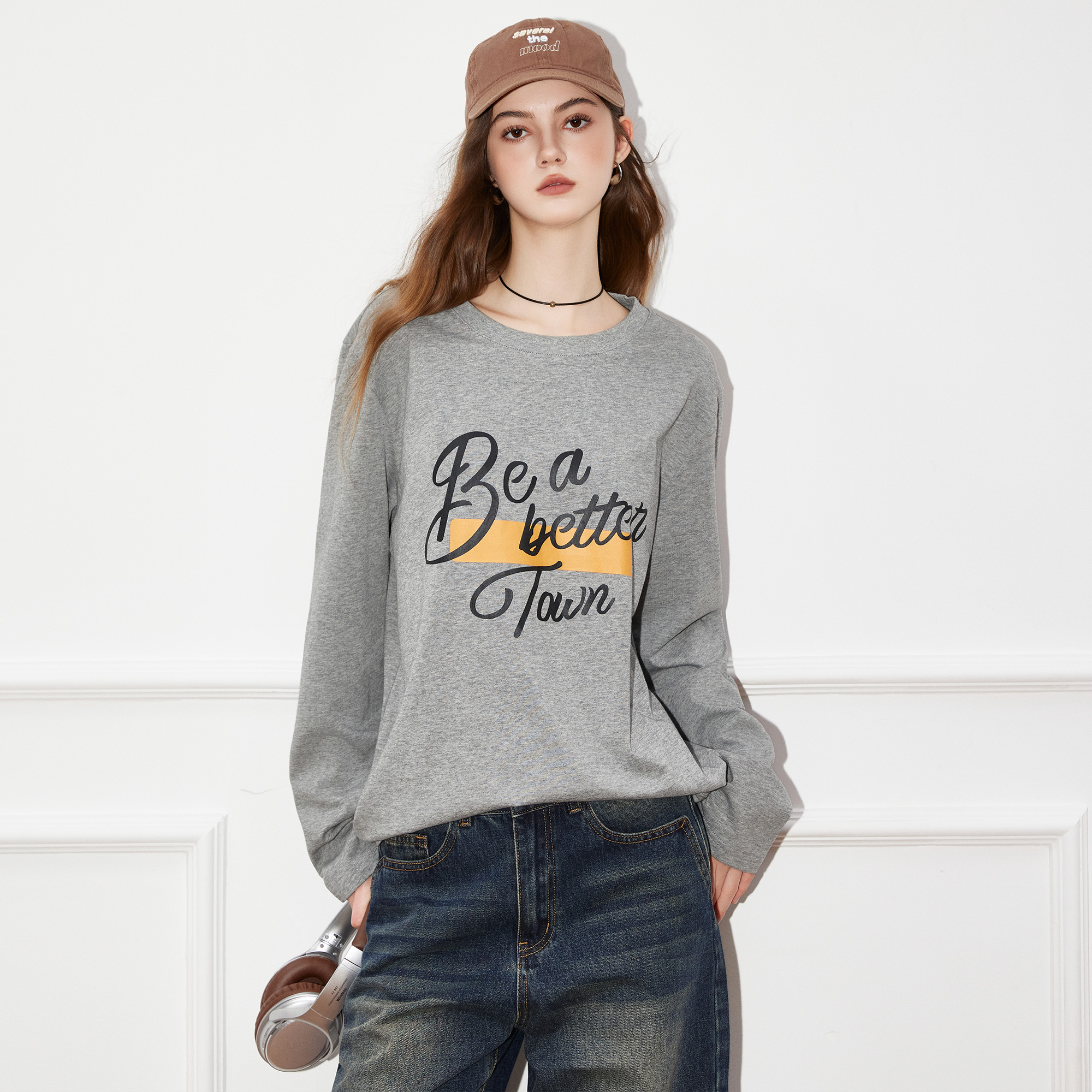 Basic House/百家好韩系字母T恤女2025秋冬新款宽松薄卫衣上衣女