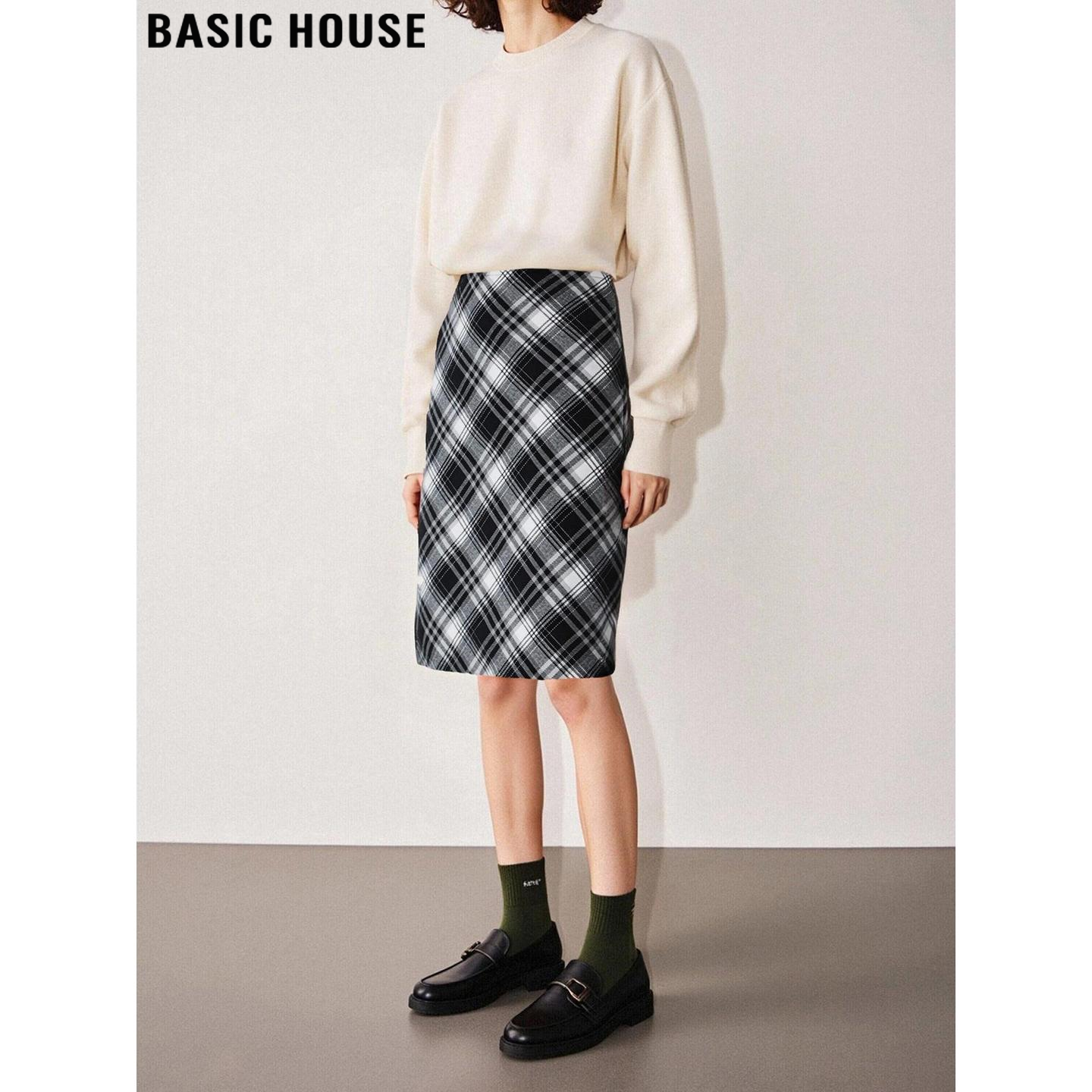 Basic House/百家好复古格子包臀半身裙女2026春季新款高腰中长裙,女装/女士精品,半身裙,淘宝优惠券,粉丝福利购,淘宝优惠卷