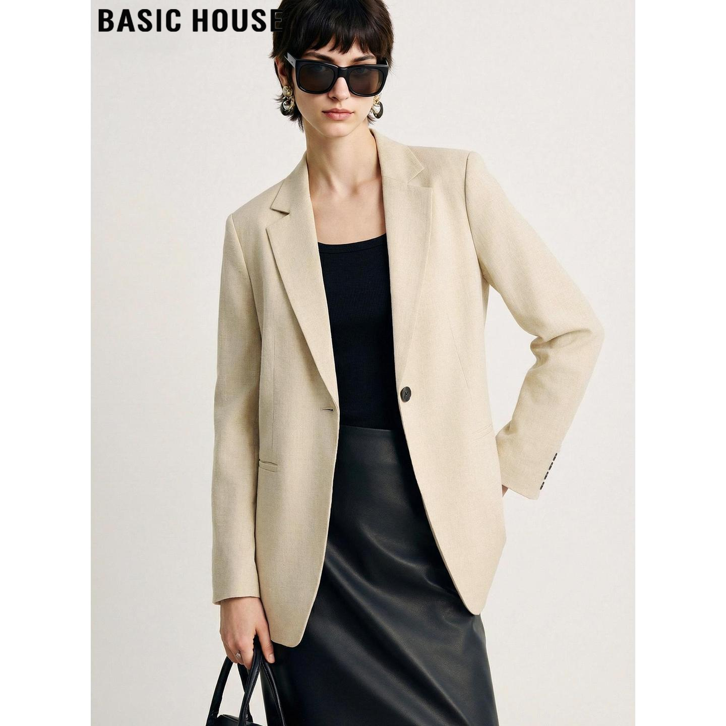 Basic House/百家好杏色廓形西装外套女2026春季新款气质翻领西服