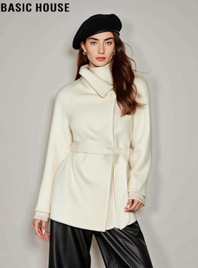 Basic House/百家好100%羊毛双面呢大衣女冬季小个子收腰毛呢外套
