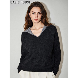 女春季 百家好100%羊毛撞色连帽针织衫 慵懒风软糯毛衣 House Basic