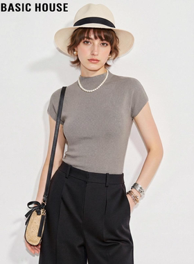 Basic House/百家好棕色冰丝短袖T恤女夏季修身气质半高领针织衫