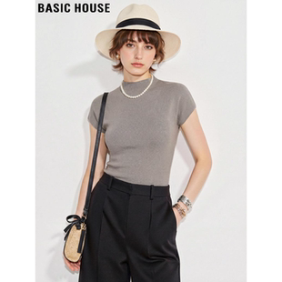 House 气质半高领针织衫 百家好棕色冰丝短袖 修身 T恤女夏季 Basic