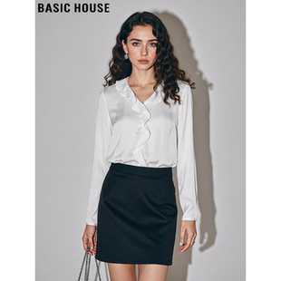 气质V领长袖 Basic 女春季 百家好设计感荷叶边白色衬衫 衬衣 House