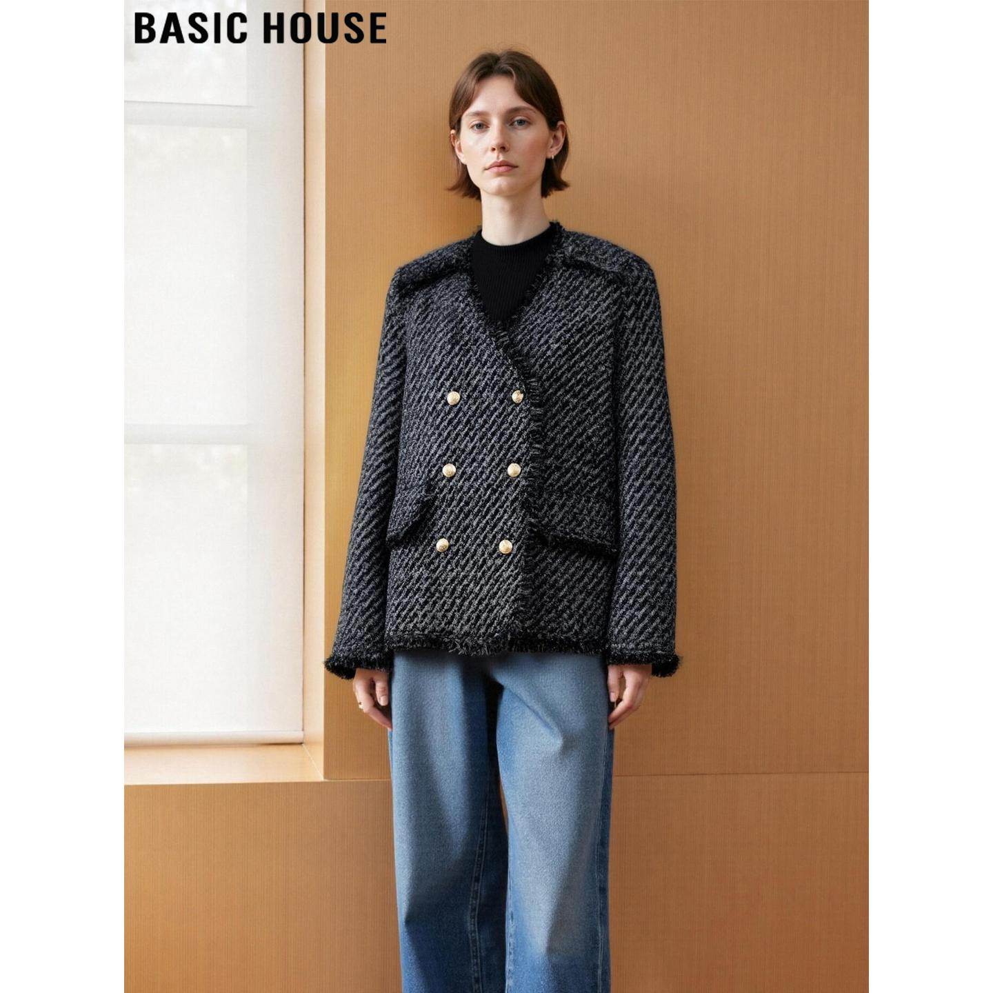 Basic House/百家好白鸭绒羽绒服女冬季高级感双排扣小香风短外套,女装/女士精品,羽绒服,淘宝优惠券,粉丝福利购,淘宝优惠卷