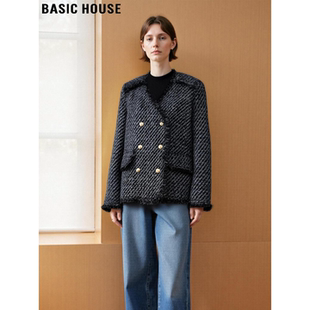 Basic House/百家好白鸭绒羽绒服女冬季高级感双排扣小香风短外套