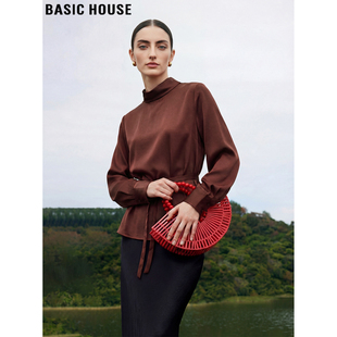 新款 Basic 女2026春季 百家好红色缎面立领衬衫 高级系带衬衣 House