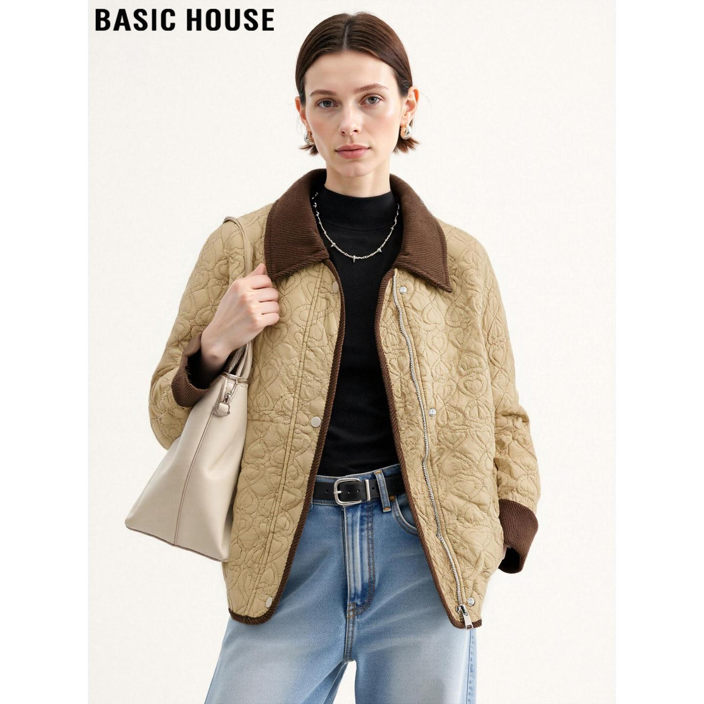 撞色翻领棉衣外套加厚棉服夹克女