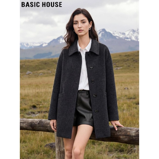 Basic House/百家好英伦风翻领毛呢外套女冬季中长款羊毛呢子大衣