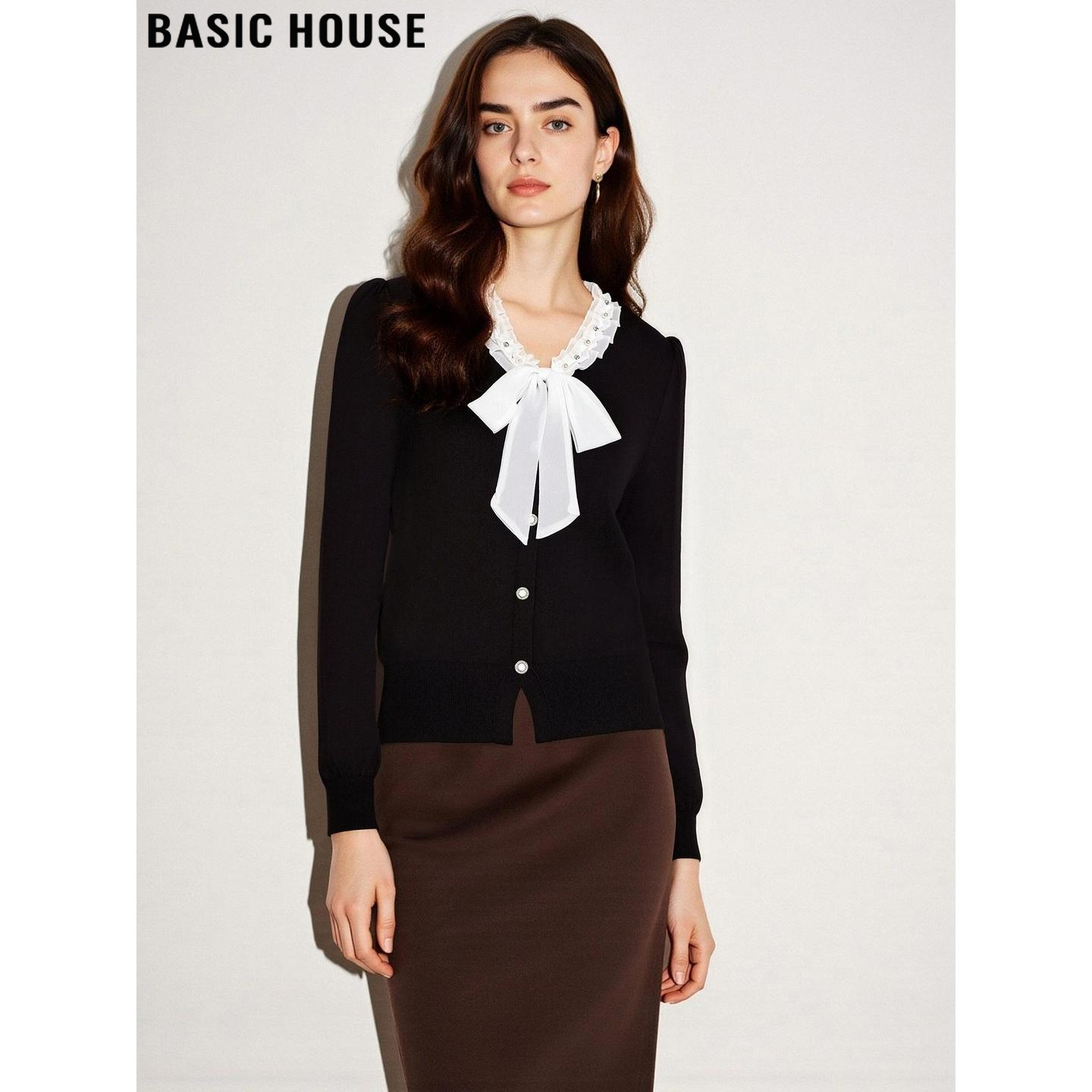 Basic House/百家好黑色蝴蝶结针织衫女2026春季新款修身软糯上衣