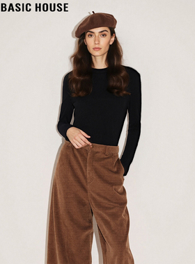 Basic House/百家好黑色圆领T恤女2026春季新款修身内搭打底上衣