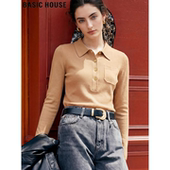 新款 Basic 杏色上衣 针织衫 女2026春季 House 百家好POLO领羊毛长袖