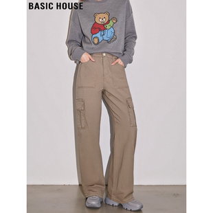 Basic House/百家好卡其色工装裤女冬季小个子加绒加厚直筒阔腿裤